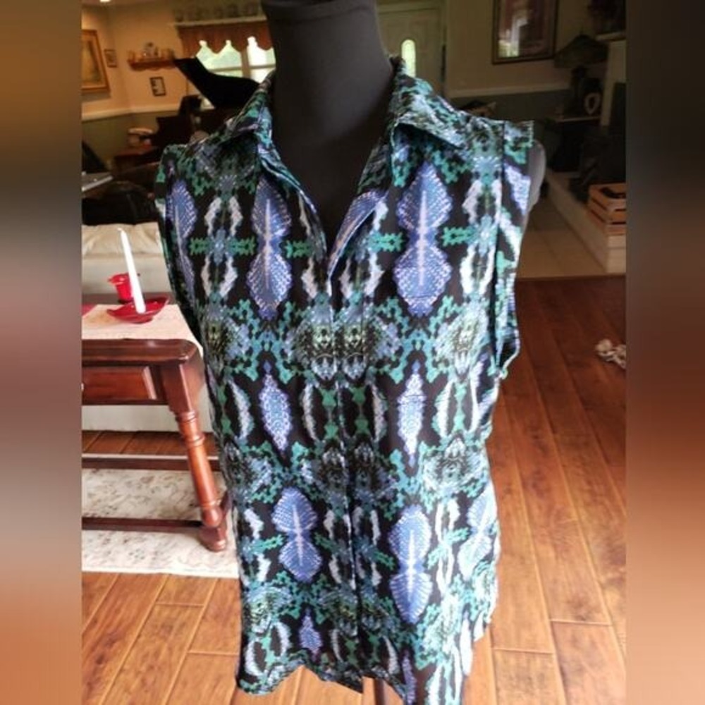 Sam Edelman Blue Green Snakeskin Ikat Sleeveless Button Down Blouse SE2260CTR M